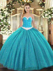 Teal Ball Gowns Tulle Sweetheart Sleeveless Appliques Floor Length Lace Up Sweet 16 Dress