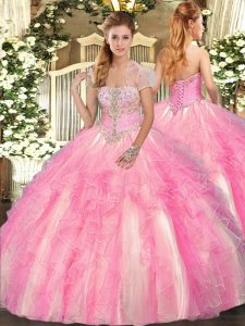 Rose Pink Strapless Lace Up Appliques and Ruffles 15th Birthday Dress Sleeveless