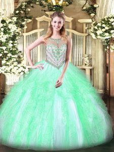 Super Floor Length Zipper Sweet 16 Dress Apple Green for Military Ball and Sweet 16 and Quinceanera with Beading and Ruffles