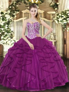New Style Fuchsia Sweetheart Lace Up Beading and Ruffles Quinceanera Gowns Sleeveless