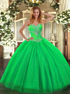 Green Ball Gowns Beading Quinceanera Dress Lace Up Tulle and Sequined Sleeveless Floor Length