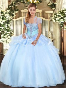 Light Blue Sleeveless Floor Length Appliques Lace Up 15 Quinceanera Dress