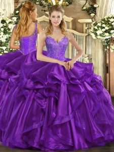 Top Selling Ball Gowns Quinceanera Dresses Eggplant Purple Straps Organza Sleeveless Floor Length Lace Up