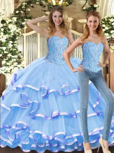 On Sale Baby Blue Lace Up Sweet 16 Dresses Beading and Ruffled Layers Sleeveless Floor Length
