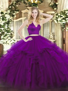 Purple Zipper Vestidos de Quinceanera Ruffles Sleeveless Floor Length
