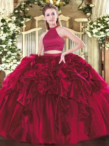 Dazzling Fuchsia Ball Gowns Beading and Ruffles Quinceanera Dress Backless Organza Sleeveless Floor Length