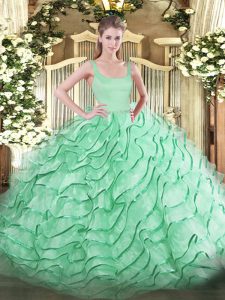 Ideal Apple Green Organza Zipper Straps Sleeveless 15 Quinceanera Dress Brush Train Ruffled Layers