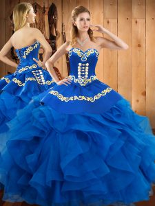 Blue Ball Gowns Embroidery and Ruffles Sweet 16 Dresses Lace Up Satin and Organza Sleeveless Floor Length