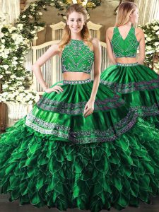 High Quality Floor Length Zipper Quinceanera Gown Dark Green for Military Ball and Sweet 16 and Quinceanera with Beading and Ruffles