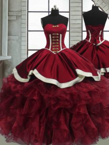 Shining Sleeveless Organza Floor Length Lace Up Quinceanera Dress in Red with Beading and Ruffles