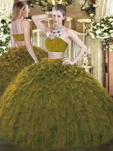 Sleeveless Floor Length Beading and Ruffles Backless Quince Ball Gowns with Olive Green