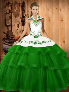 Admirable Green Quinceanera Dresses Military Ball and Sweet 16 and Quinceanera with Embroidery and Ruffled Layers Halter Top Sleeveless Sweep Train Lace Up