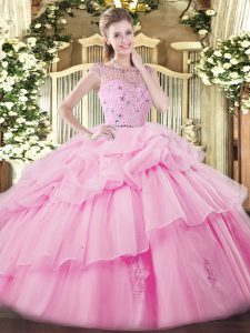 Rose Pink Bateau Neckline Beading and Ruffles and Pick Ups 15th Birthday Dress Sleeveless Zipper