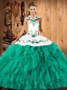 Turquoise Lace Up Halter Top Embroidery and Ruffles Ball Gown Prom Dress Satin and Organza Sleeveless