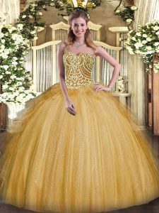 Fashion Sleeveless Organza Floor Length Lace Up Quinceanera Gown in Gold with Beading and Ruffles