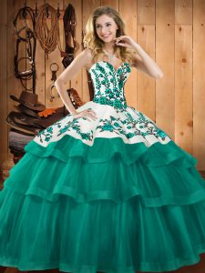 Lace Up Quinceanera Gowns Turquoise for Military Ball and Sweet 16 and Quinceanera with Embroidery Sweep Train