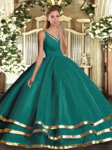 Tulle V-neck Sleeveless Backless Ruching Vestidos de Quinceanera in Turquoise
