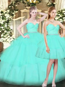 Top Selling Sleeveless Tulle Floor Length Lace Up Sweet 16 Quinceanera Dress in Aqua Blue with Ruching