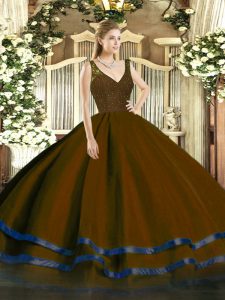 Tulle V-neck Sleeveless Zipper Beading and Ruffled Layers Quince Ball Gowns in Brown