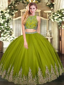 Suitable Olive Green Two Pieces Beading and Appliques Vestidos de Quinceanera Zipper Tulle Sleeveless Floor Length
