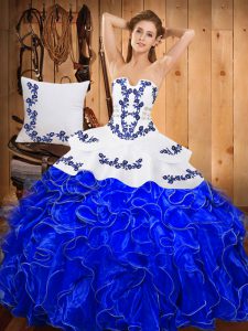 Blue And White Lace Up Sweet 16 Dresses Embroidery and Ruffles Sleeveless Floor Length