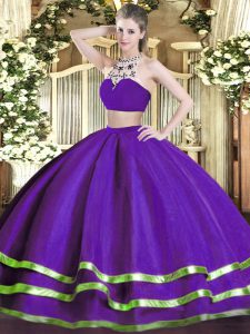 Beading Ball Gown Prom Dress Purple Backless Sleeveless Floor Length