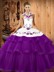 Hot Selling Purple Sleeveless Embroidery and Ruffled Layers Lace Up Quinceanera Dress