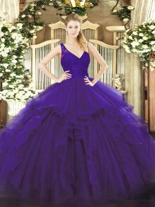 Free and Easy Purple Backless V-neck Beading and Lace and Ruffles Quinceanera Dresses Organza Sleeveless