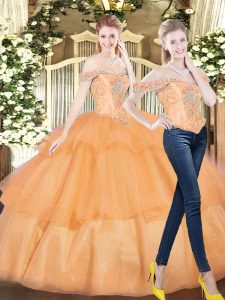 Floor Length Orange Red Quinceanera Gown Off The Shoulder Sleeveless Lace Up