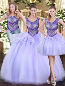 Inexpensive Lavender Sleeveless Floor Length Beading and Ruffles Lace Up 15th Birthday Dress