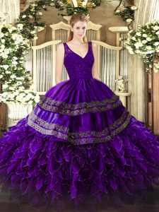 Floor Length Purple Vestidos de Quinceanera V-neck Sleeveless Zipper