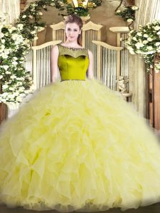 Captivating Scoop Sleeveless Sweet 16 Dresses Floor Length Beading and Ruffles Yellow Organza