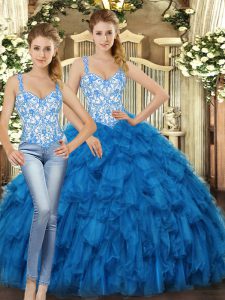 Inexpensive Floor Length Blue Quince Ball Gowns Organza Sleeveless Beading and Ruffles