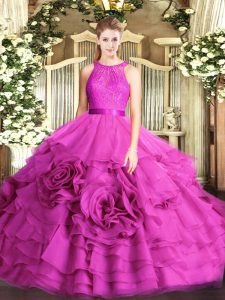 Fabric With Rolling Flowers Scoop Sleeveless Zipper Lace Quince Ball Gowns in Fuchsia