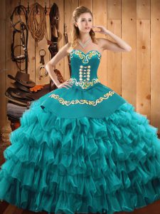 Embroidery and Ruffled Layers Ball Gown Prom Dress Teal Lace Up Sleeveless Floor Length
