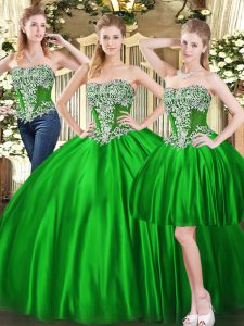 Sweetheart Sleeveless Sweet 16 Dress Floor Length Beading Green Tulle