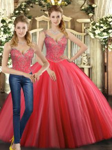 Coral Red Ball Gowns Straps Sleeveless Tulle Floor Length Lace Up Beading Sweet 16 Dress