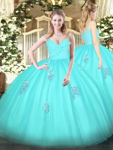 Aqua Blue Sweet 16 Dress Military Ball and Sweet 16 and Quinceanera with Appliques Spaghetti Straps Sleeveless Zipper