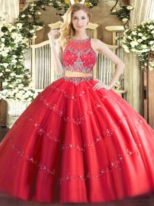 Red Two Pieces Beading Quinceanera Dresses Zipper Tulle Sleeveless Floor Length