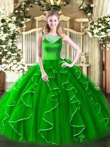 Spectacular Floor Length Green Sweet 16 Dress Organza Sleeveless Beading and Ruffles