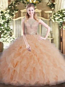 Ball Gowns 15th Birthday Dress Peach Scoop Tulle Sleeveless Floor Length Backless