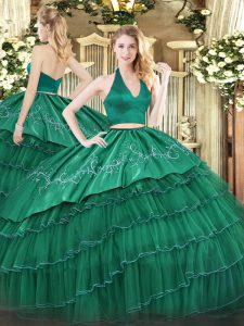 Halter Top Sleeveless Ball Gown Prom Dress Floor Length Embroidery and Ruffled Layers Dark Green Organza and Taffeta