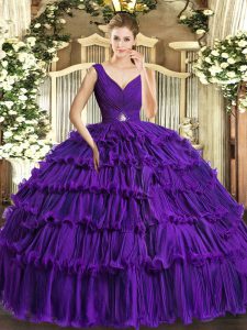 Purple V-neck Backless Beading and Ruffled Layers Quinceanera Gown Sleeveless