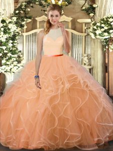 Flirting Peach Ball Gowns High-neck Sleeveless Tulle Floor Length Backless Ruffles Sweet 16 Dresses