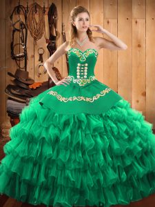 Shining Floor Length Lace Up Quince Ball Gowns Green for Military Ball and Sweet 16 and Quinceanera with Embroidery and Ruffled Layers