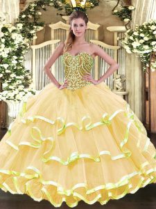 Gold Sweetheart Neckline Beading and Ruffled Layers Quinceanera Dress Sleeveless Lace Up