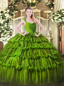 Olive Green Organza Zipper Straps Sleeveless Floor Length Quince Ball Gowns Ruffled Layers