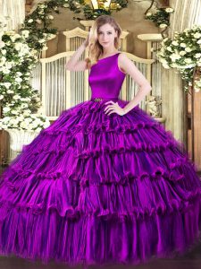 Fine Ball Gowns Quinceanera Gown Eggplant Purple Scoop Organza Sleeveless Floor Length Clasp Handle