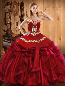 Comfortable Wine Red Sweetheart Lace Up Embroidery and Ruffles Quinceanera Gowns Sleeveless