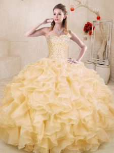 Inexpensive Floor Length Lace Up Quinceanera Dress Gold for Sweet 16 and Quinceanera with Beading and Ruffles